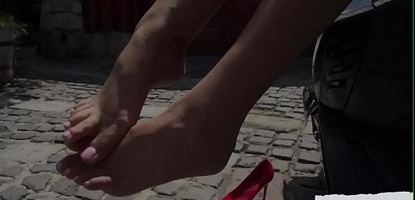  Footjob babe rubs cock all over